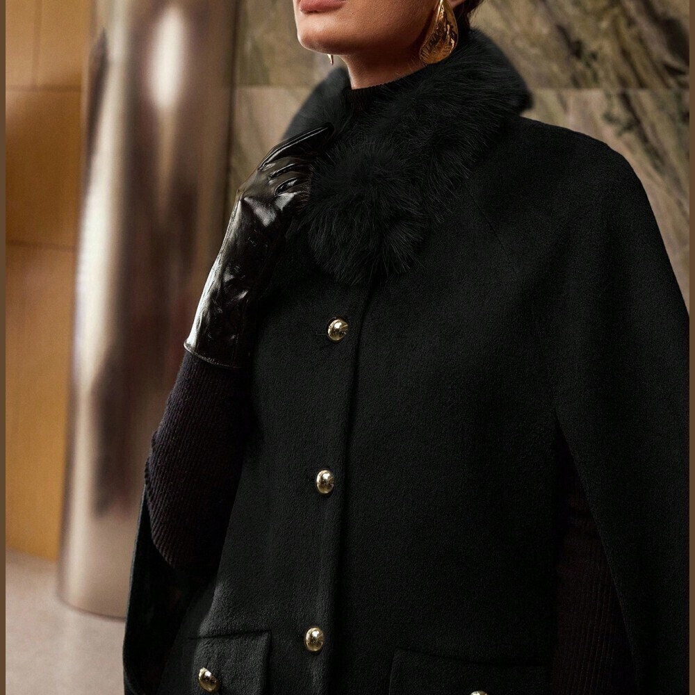 Black Fuzzy Collar Cape Coat with Gold Buttons - Picture 5 of 8